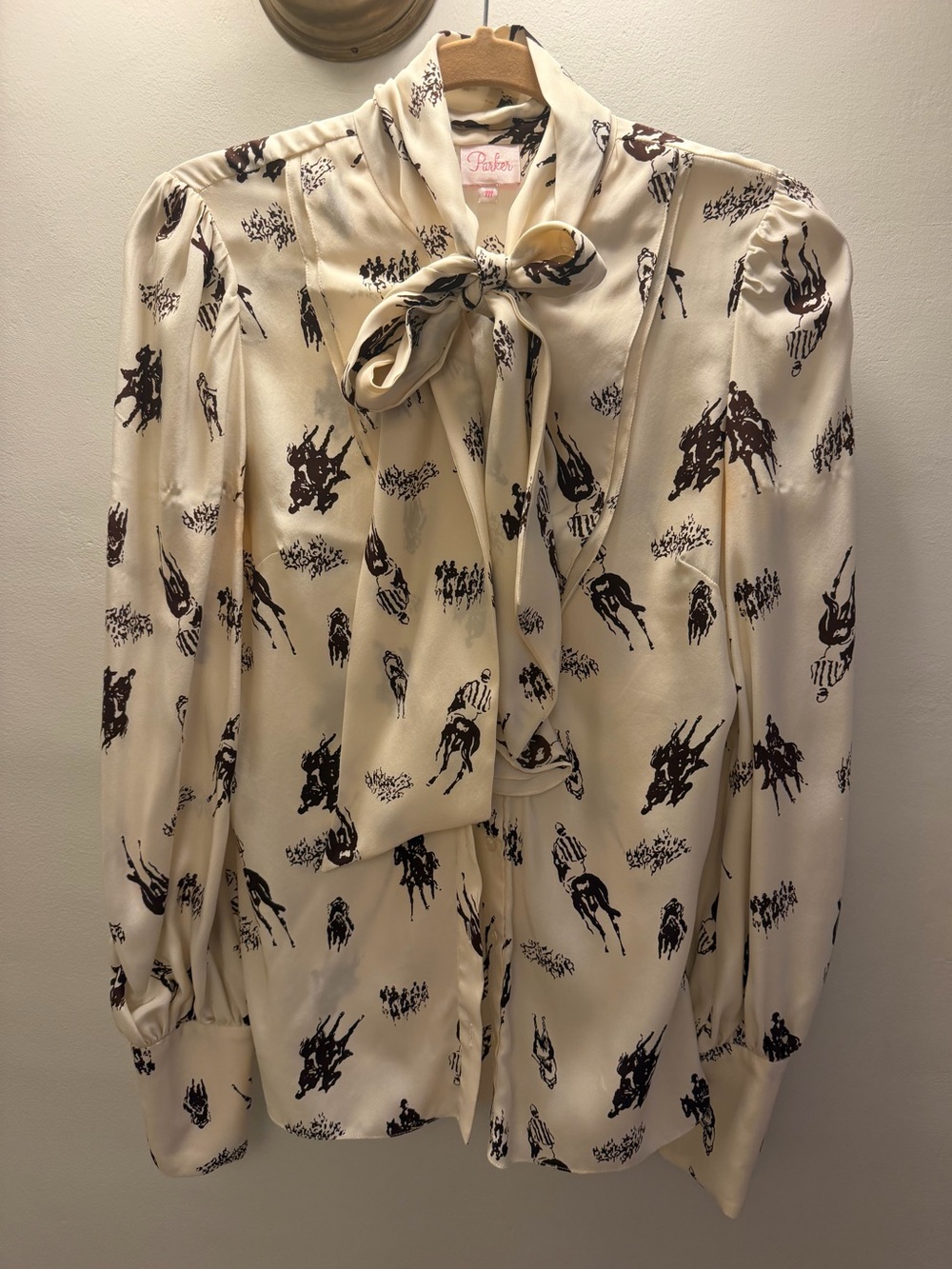 Parker 100% Silk Equestrian Print Tie Neck Blouse Size M